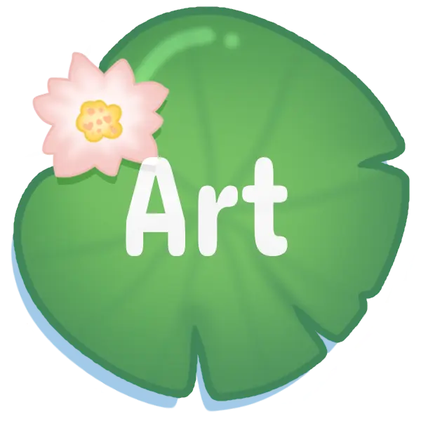 A cartoon drawing of a lilypad, with the word Art on it in white.