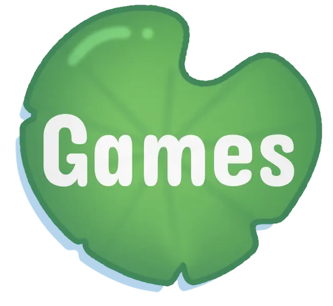A cartoon drawing of a lilypad, with the word Games on it in white.