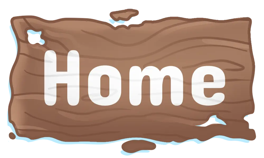 A cartoon drawing of a wooden plank, with the word Home on it in white.